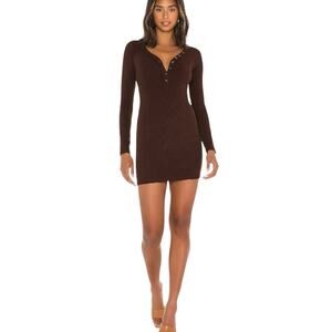Lovers & Friends Alice Ribbed Mini Bodycon Dress Long Sleeve Size Large Brown